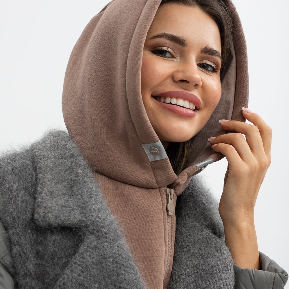 UNU Hooded Scarf Dark Beige Cotton Balaclava Hat NWT